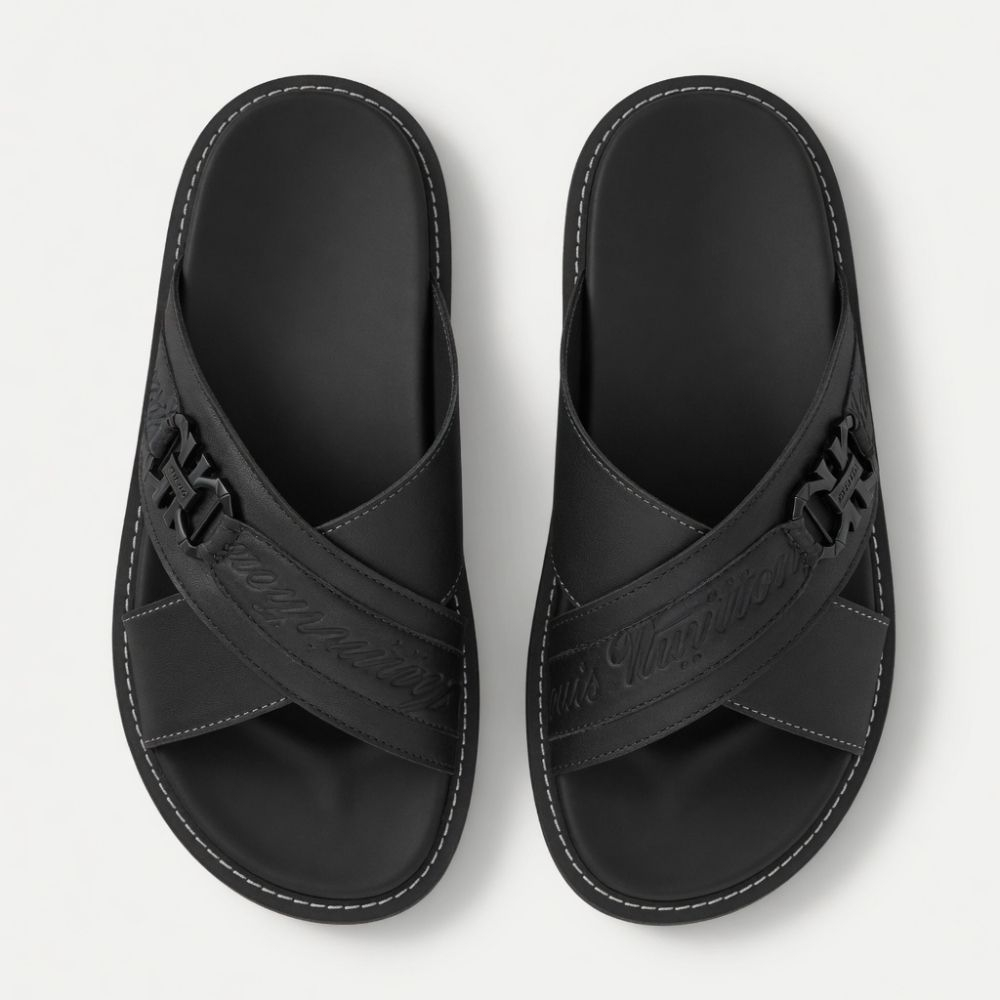 Classic Black Cross Strap Slide Sandals with Decorative Accent